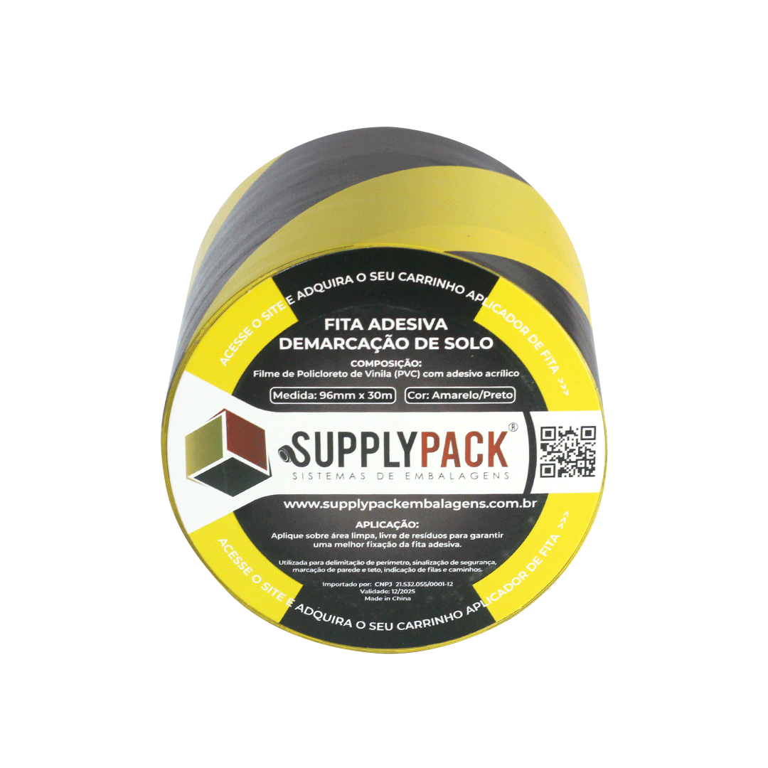 Fita Adesiva de Demarcação de Solo 96mm X 30m - Zebrada Amarelo/Preto