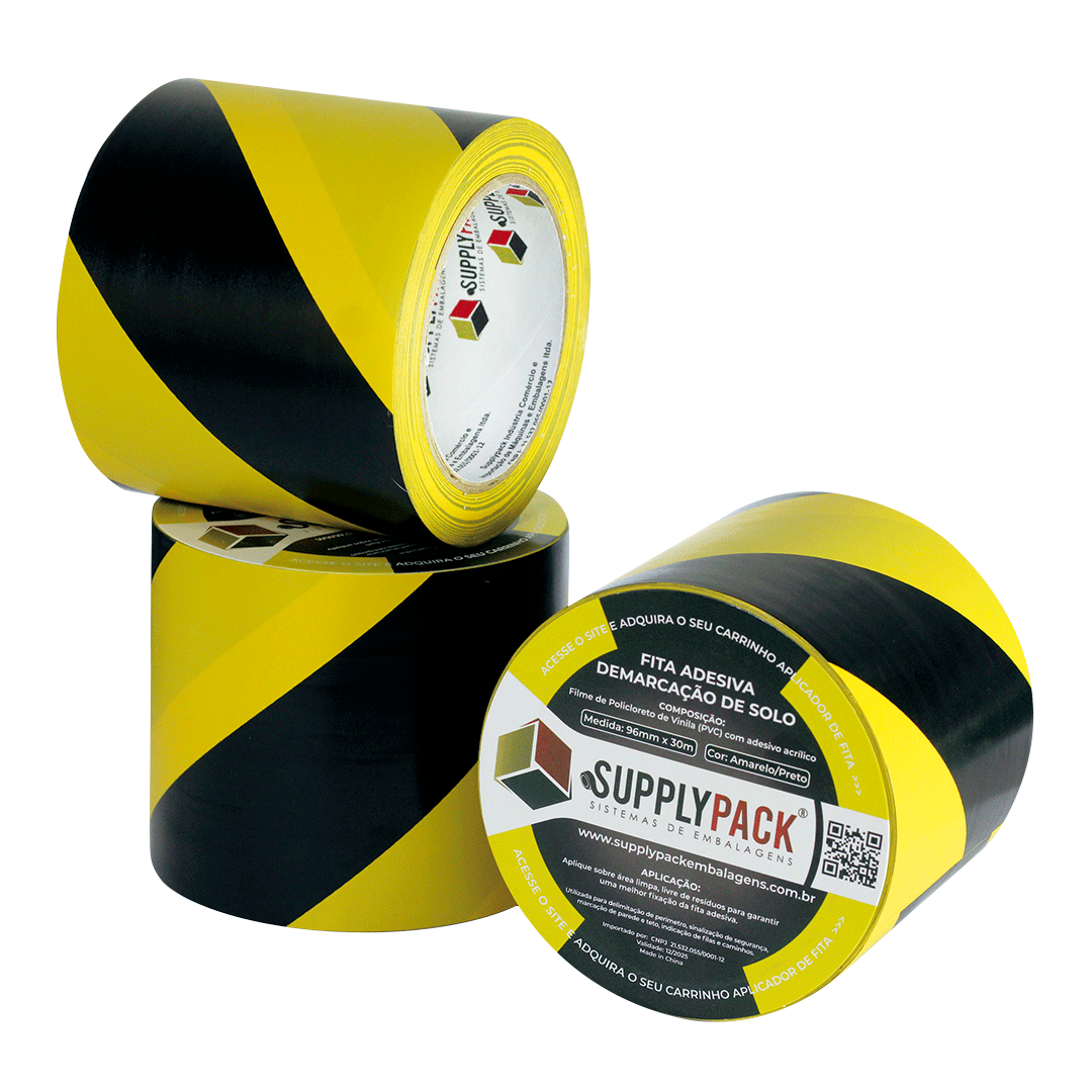 Fita Adesiva de Demarcação de Solo 96mm X 30m - Zebrada Amarelo/Preto